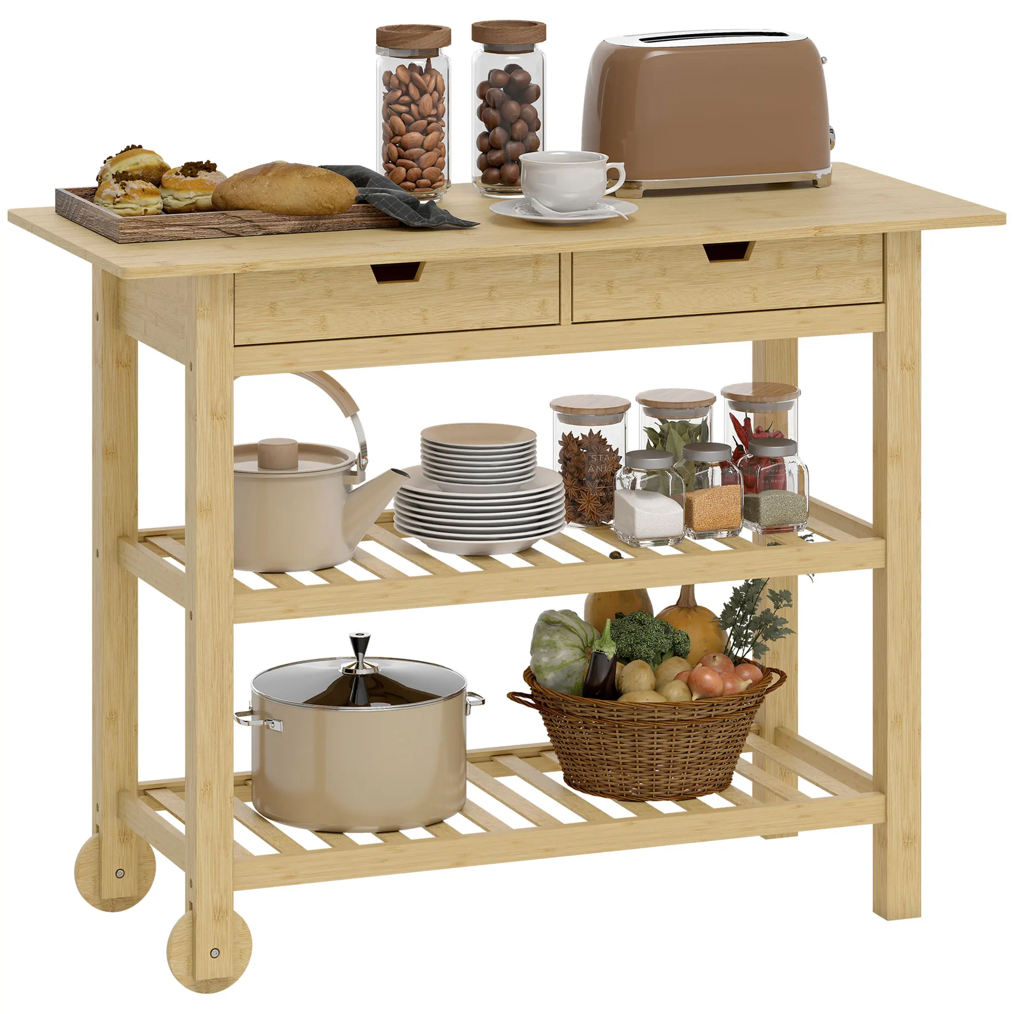 HOMCOM Desserte de cuisine à roulettes en bambou, chariot de rangement avec 2 tiroirs, 2 étagères à lattes et plan de travail, c