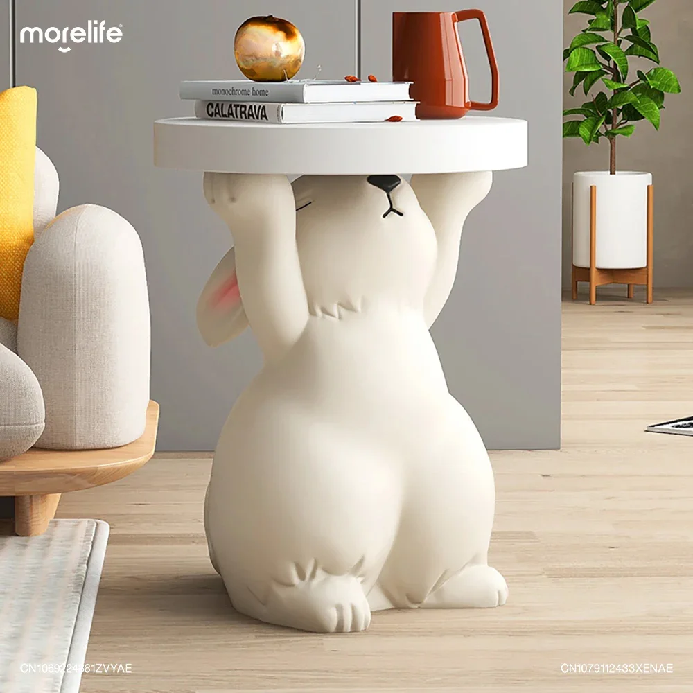 Rabbit Statue Sculptures Round Side Tables Living Room Sofa Corner Table Resin Round Nightstands Art Gift Home Decor Furniture