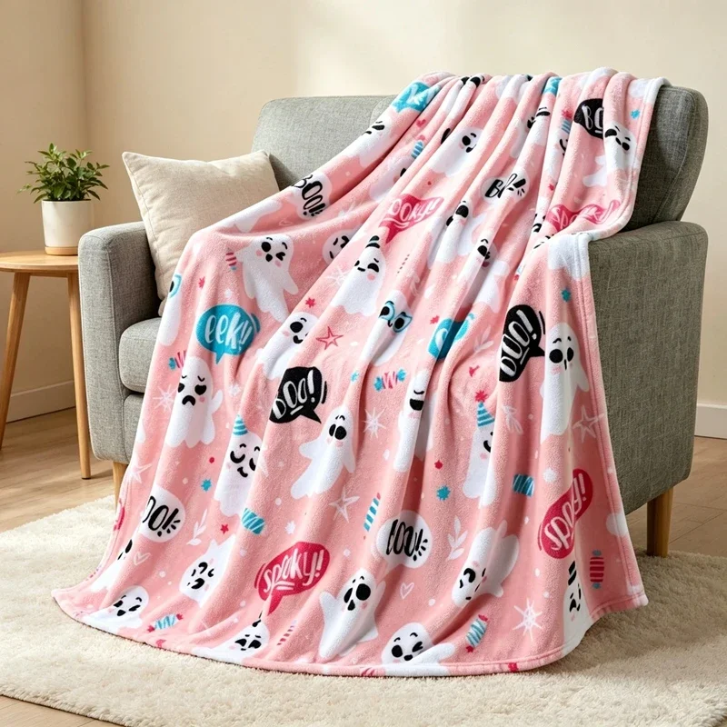 Halloween Soft Flannel Blanket Witch Ghost Pumpkin Bat Decorative Throw Blankets Cozy Warm Blanket for Bed Sofa Decorations