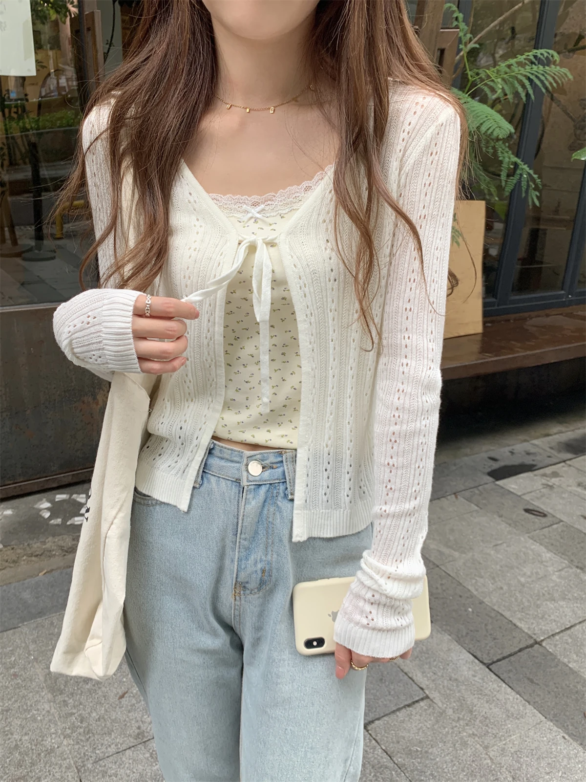White V-Neck Knitted Cardigan Women's Early Spring Outerwear with Sash Hollow out Sun Protection Short Top Korean Style BM