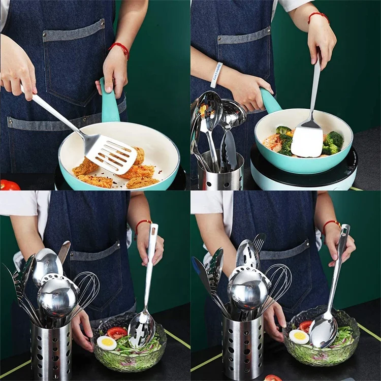 Custom Kitchenware Stainless Steel Kitchen Utensils Skimmer Ladle Serving Set Salad Set Cooking Tools