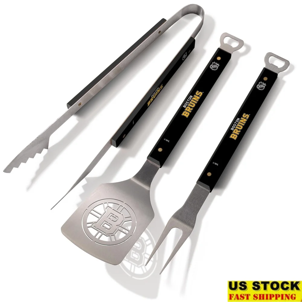 

NHL BBQ Tool Set 3pc Heavy Duty Stainless Steel Sportula Tongs Grill Fork Team Colored Handles Tailgating Gift