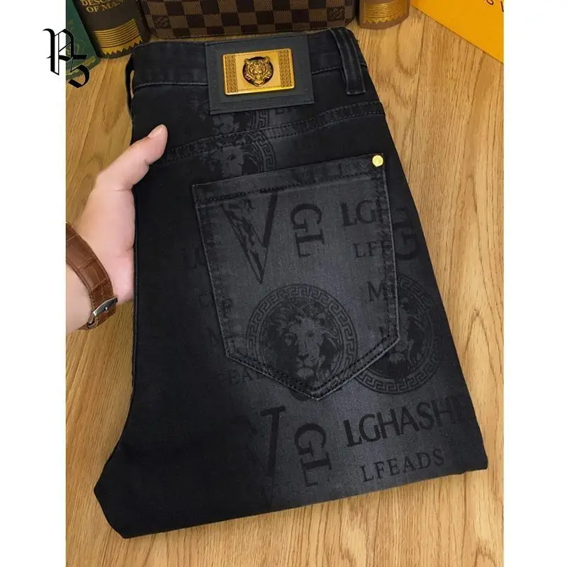 Spring and Autumn Korean Slim Jeans for Men 2025 High-end Luxury Clothing Black Printing Mid-waist Stretch Casual Pencil Pants