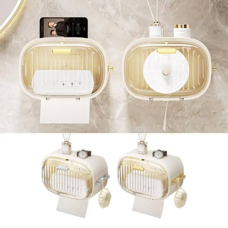 Wall Mount Tissue Box Holder Waterproof Toilet Paper Box  Adhesive Toliet Paper Storage Box Tissue Box with Transparent Front