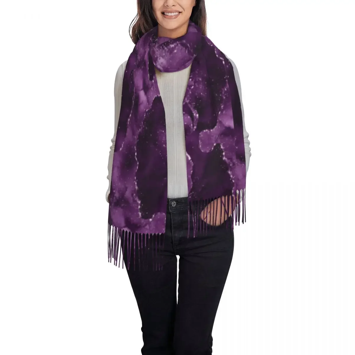 Marble Scarf Unisex Moody  Agate Scarves Wraps with Long Tassel Autumn y2k Cool Shawls Wrpas Warm Soft Printed Foulard