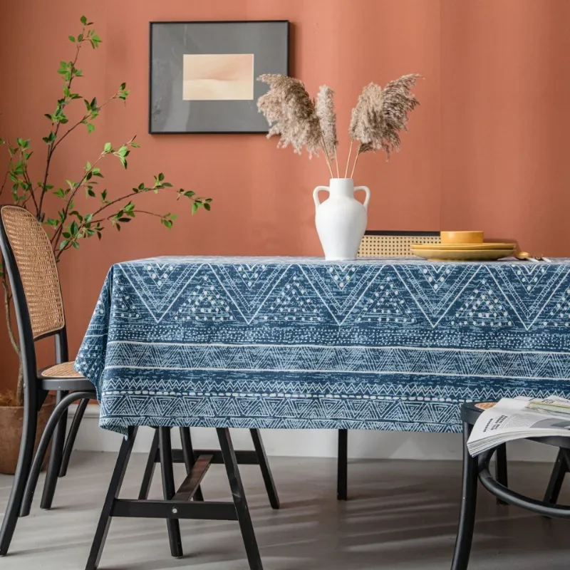 Table Cloth Blue Geometric Triangle Printed Cotton and Linen Rectangular Dining Table Cloth Coffee Table Cover Cloth