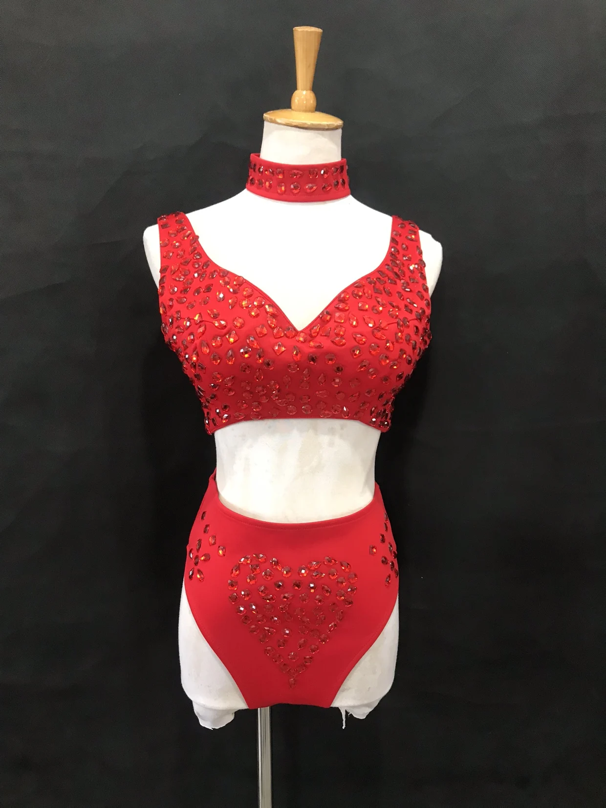 Sexy DJ Nightclub Pole Dance Costume Red Rhinestones Bikini Rave Outfit Party Show Stage Wear Dancer Team Performance Clothes