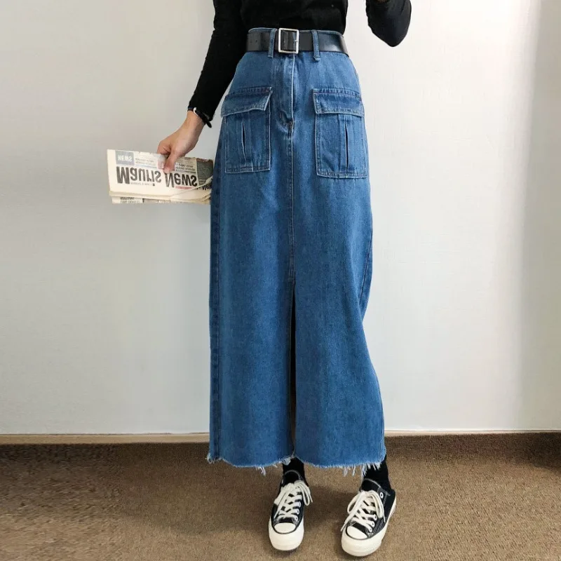 Retro High Waist A-Line Denim Skirt Women's Midi Skirt Front Slit Design Slimming Cotton Fabric Commute Sle Long Skirt