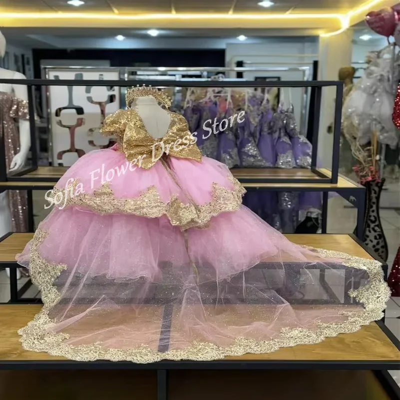 

Gorgeous Pink Flower Girl Dress Gold Lace Applique A-Line Tiered Sequined Dresses For Girls Lovely First Communion Birthday Gown