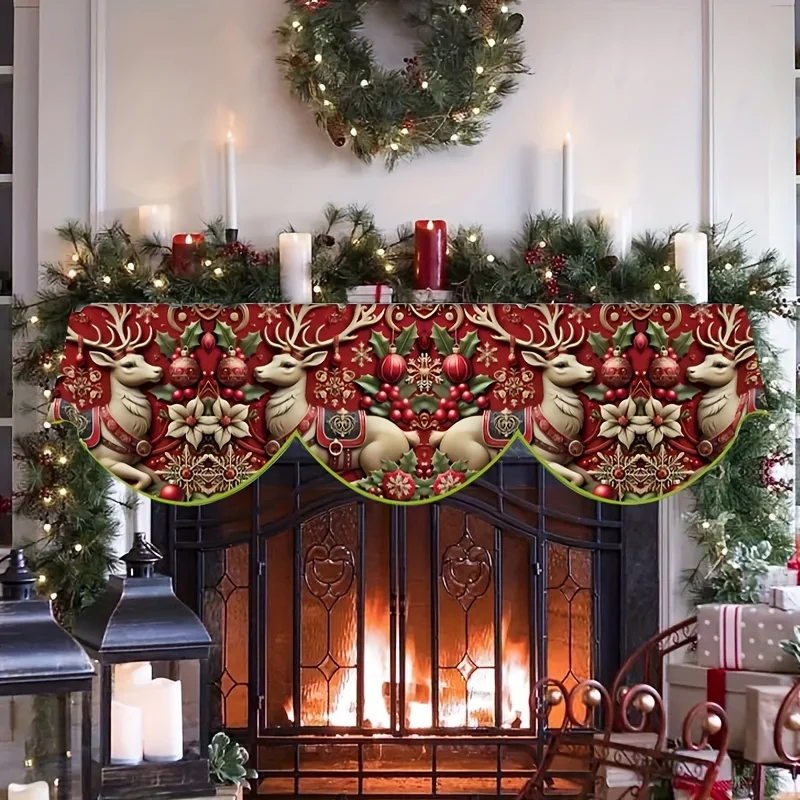 VIKAMA Christmas Fireplace Mantel Scarf Retro Reindeer Holly Mantel Topper Holiday Fireplace Shelf Cover Vintage Home Decor