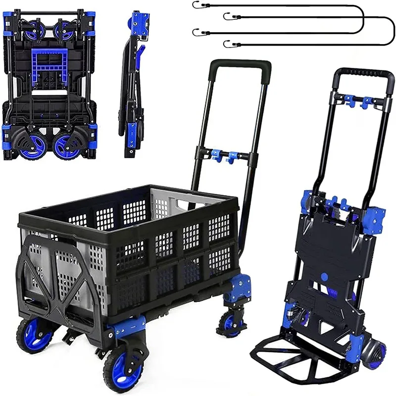 Folding Hand Truck Dolly with Folding Basket, 330LBS Capacity Carts with Wheels 2 in 1 Platform Truck