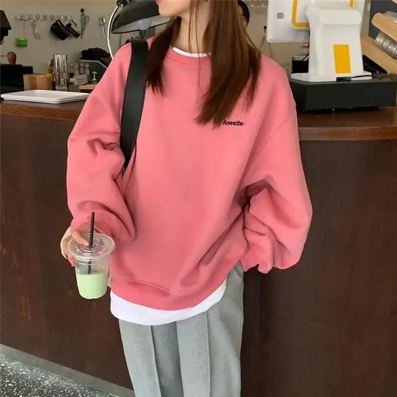 Korean style loose fake two-piece sweatshirt for women winter 2024 new velvet thickened mid-length autumn and winter gray tops