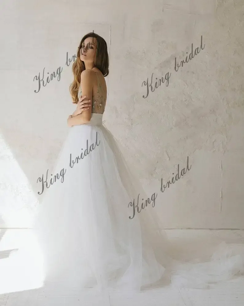 ที่กําหนดเองทําT Ulleชุดเจ้าสาวปักชุดแต่งงานโบฮีเมียนเจ้าสาวแยกสองชิ้นชุดแต่งงานชุดแต่งงานที่เรียบง่าย