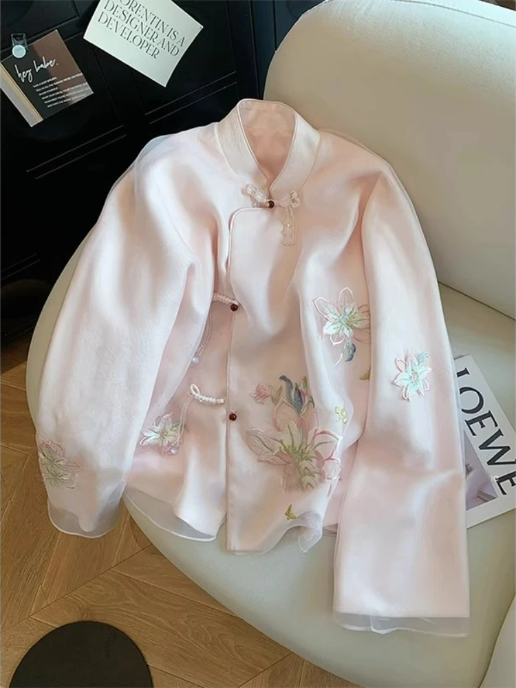 Chinesischen Stil frauen Blusen Stickerei Vintage Tops Mode Lose Sommer Kleidung Lange Ärmeln Chiffon frauen Shirts