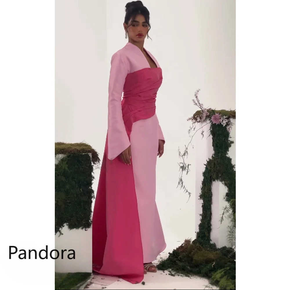 Pandora Square Neck Dubai Prom Dress Long Sleeves Evening Gown With Fethers Ankle Length  Women Wedding Party Dress2024