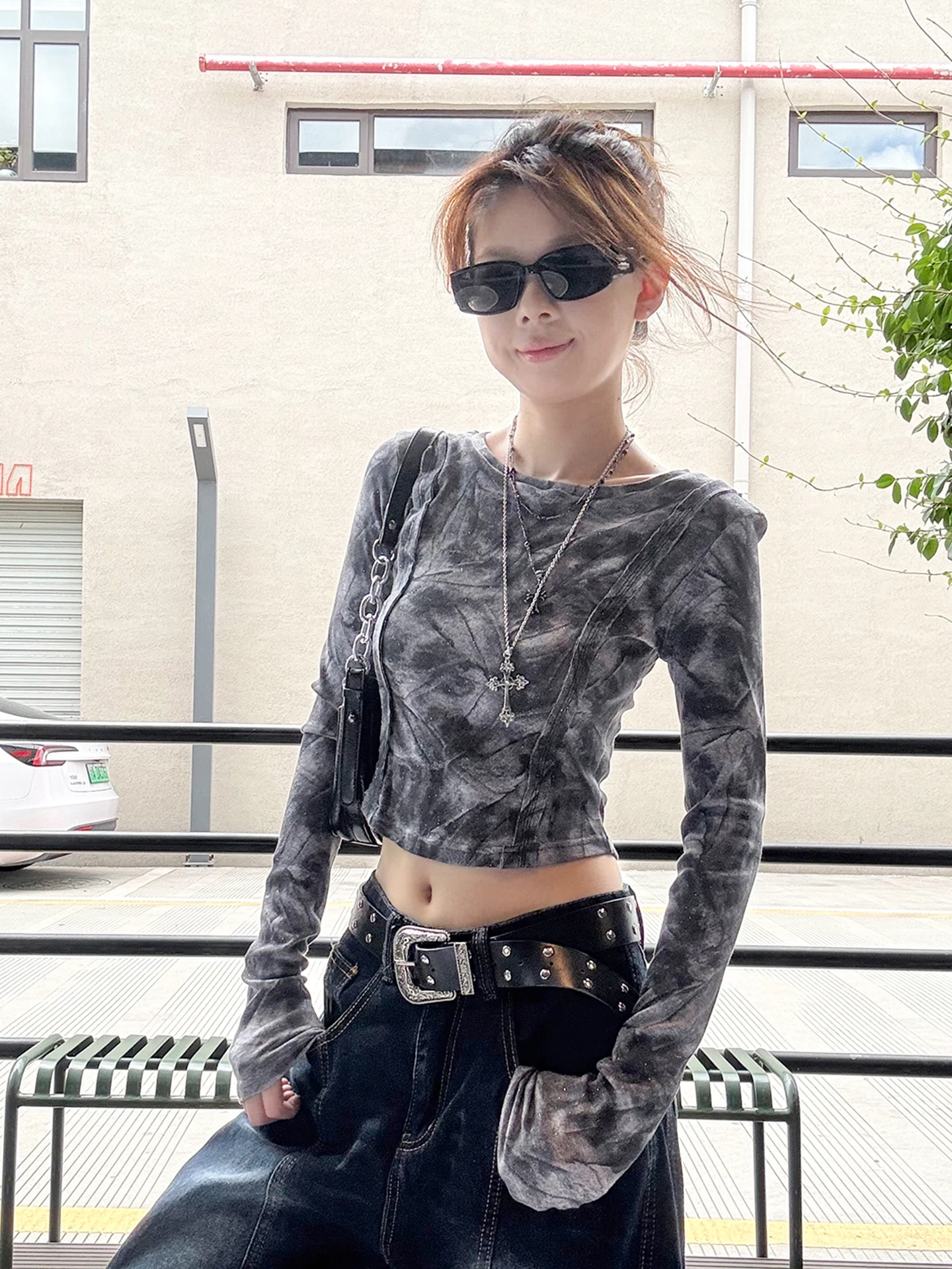 

HaiTangHoHo Оригинальная длинная футболка ort Sve, окрашенная в стиле тай-дай, внутренняя верхняя одежда, женская модная осенняя защита от ультрафиолета