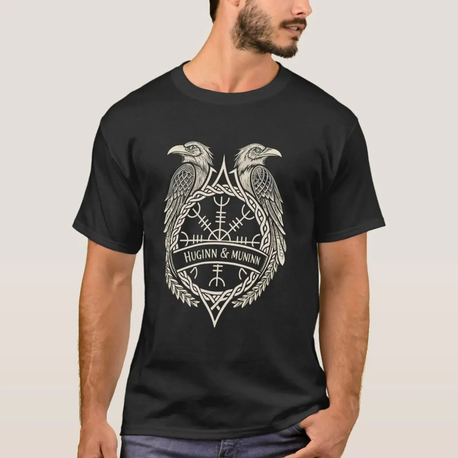 T-shirt unisexe vintage lavé avec symboles nordiques Huginn et Muninn, motif « Helm of Awe », pour homme, polyvalent et confortable pour le quotidien