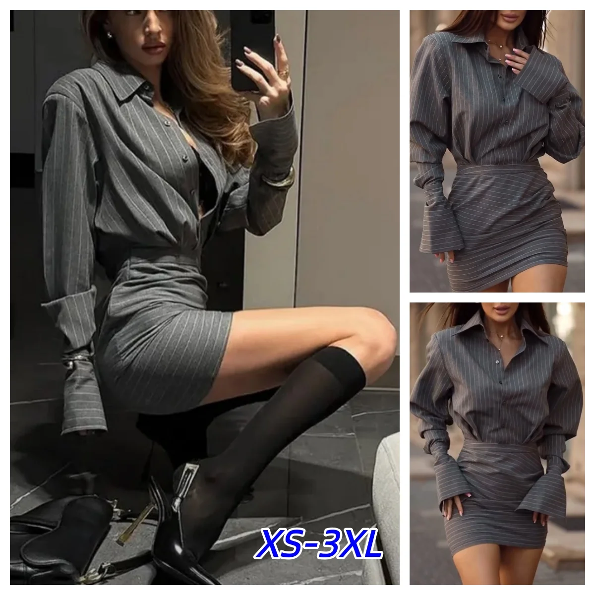 Sexy Striped Mini Skirt Set Women Elegant Lapel Single-breasted Shirts Hip Package Skirts 2 Pcs Summer Slim Fashion Lady Outfits