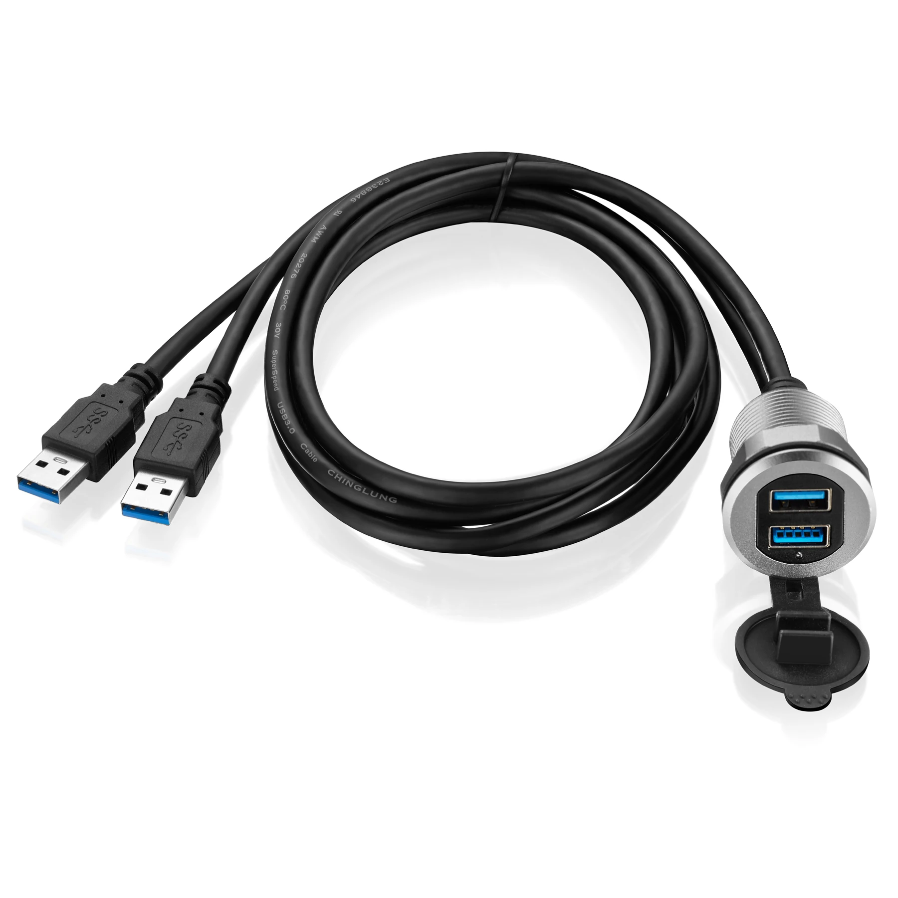 Bochara Flush Mount Panel Dual USB3.0 USB2.0 Male to Female Extension Cable With Indicator Light Aluminum Alloy Shell For Car 1m
