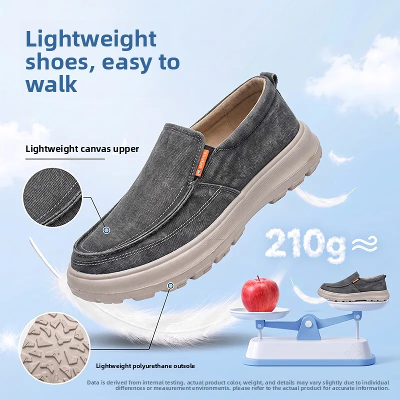 Men Slip‑on Loafers Thick Platform Washed Canvas Shoes Breathable Lightweight Non‑slip Casual Walking Driving Shoes