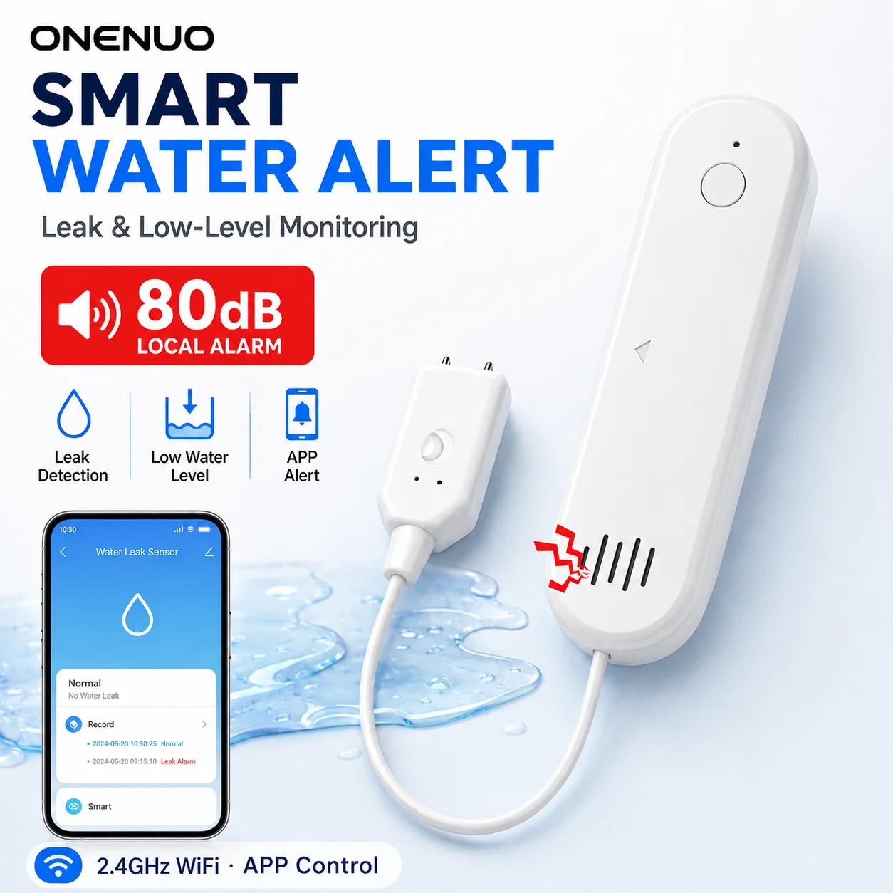 Tuya 2.4GHz WiFi Water Leak Monitor Water Leak Sensor With/Without Loud Buzzer Alarm App Remote Works with Alexa Google Home