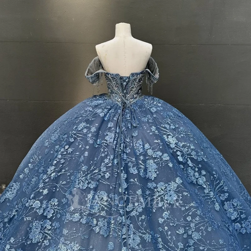 الأزرق الداكن لامعة فساتين Quinceanera الكرة ثوب قبالة الكتف الترتر زين الدانتيل الديكور تول حفلة عيد ميلاد الحلو 16 فستان