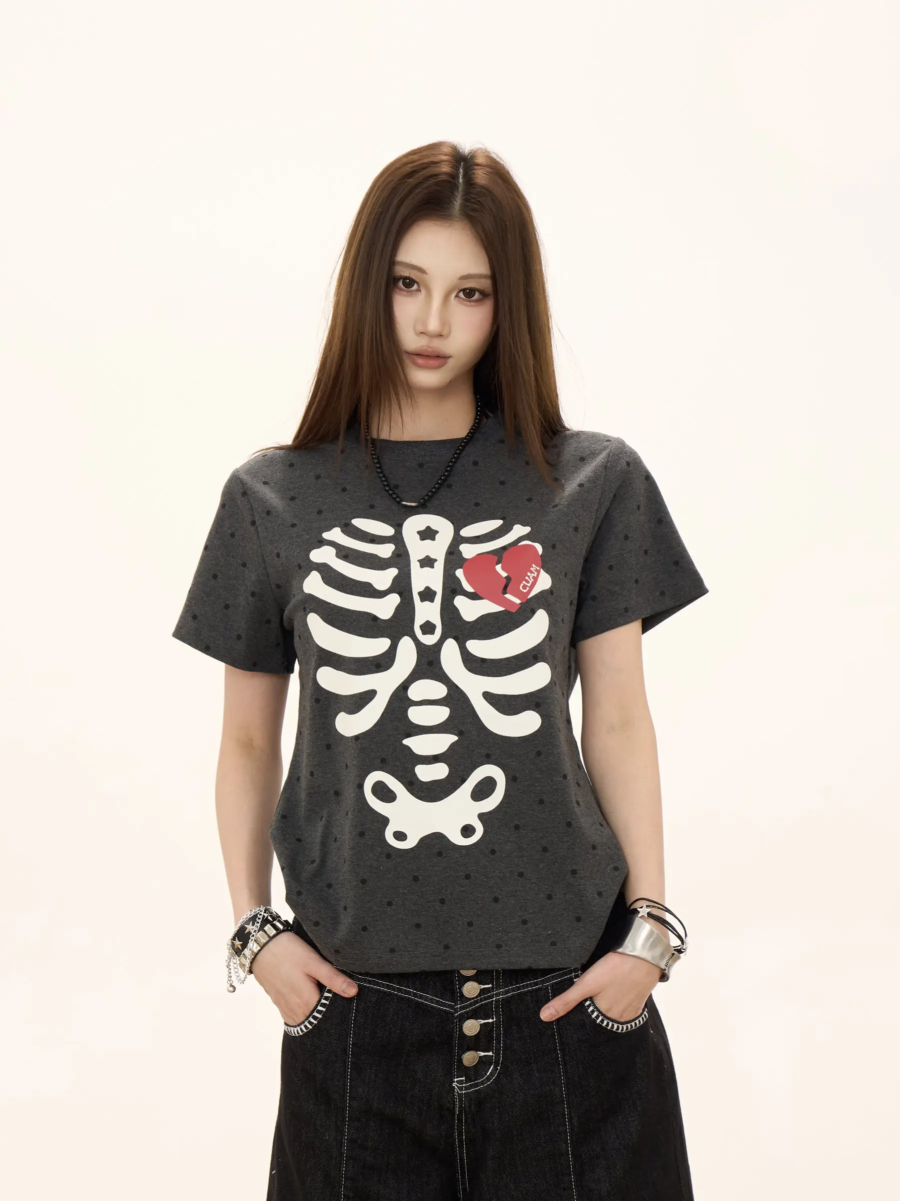 

Slim Fit round Neck Short Sleeve T-Shirt Women's Summer New Style Polka Dot Skull Pattern American College Style Top