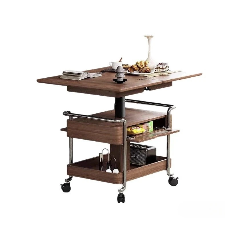 Solid wood trolley living room small apartment household mobile folding retro pulley liftable side table