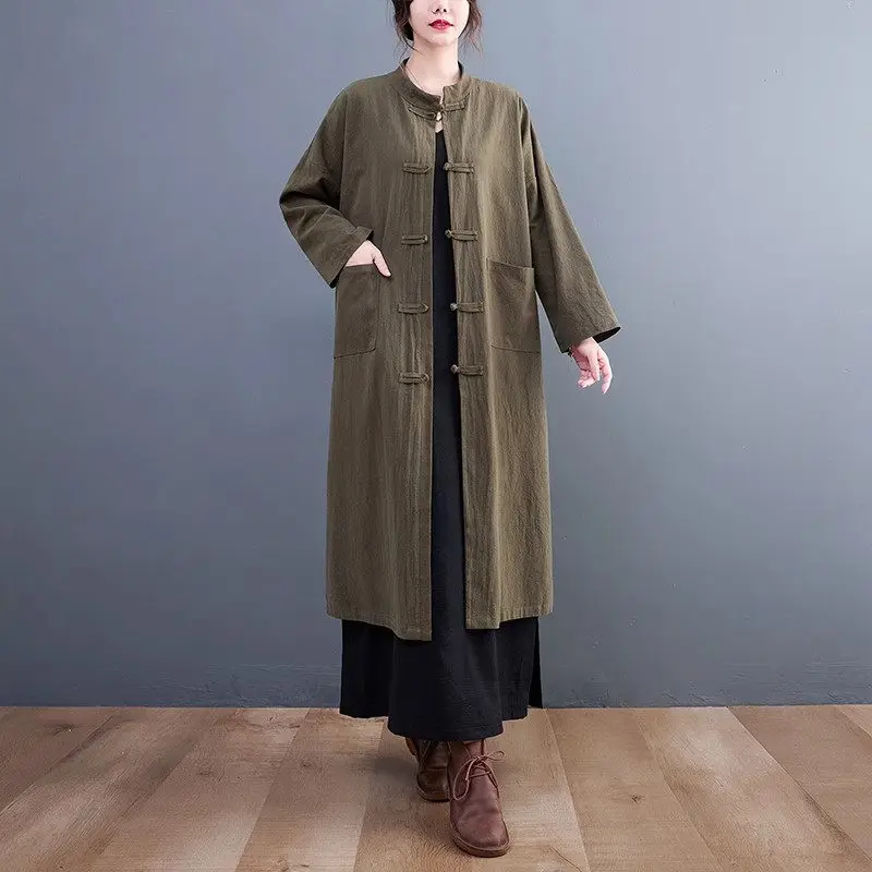 Chinese Autumn New Vintage Windbreaker Plate Buckle Linen Jacket Women Long Loose Ethnic Style Coat Solid Color Tunic Z2524