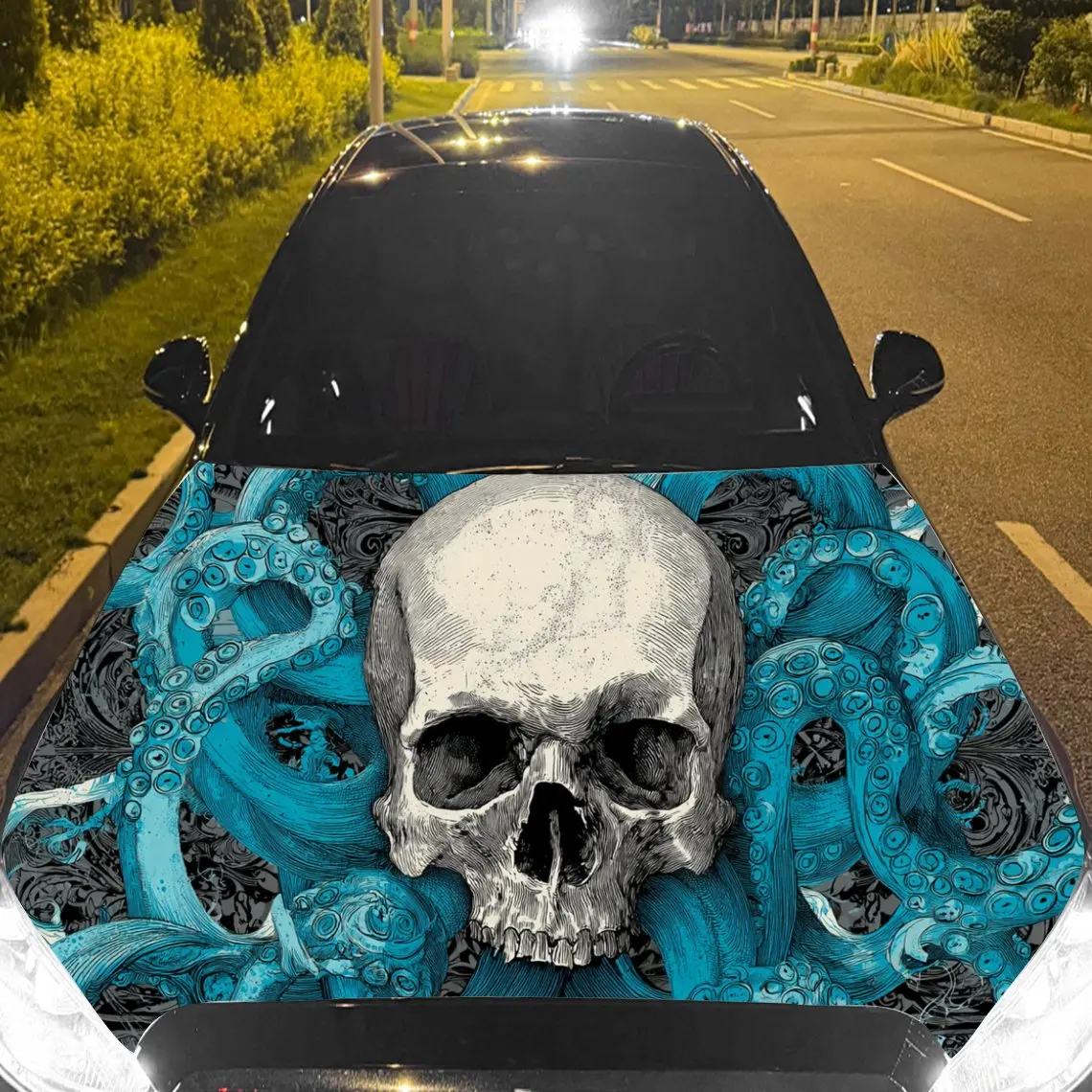 

Car Decal Skull Amid Turquoise Octopus Tentacles with Artistic, Intricate Visual Details & Textured Background Car Hood Sticker,