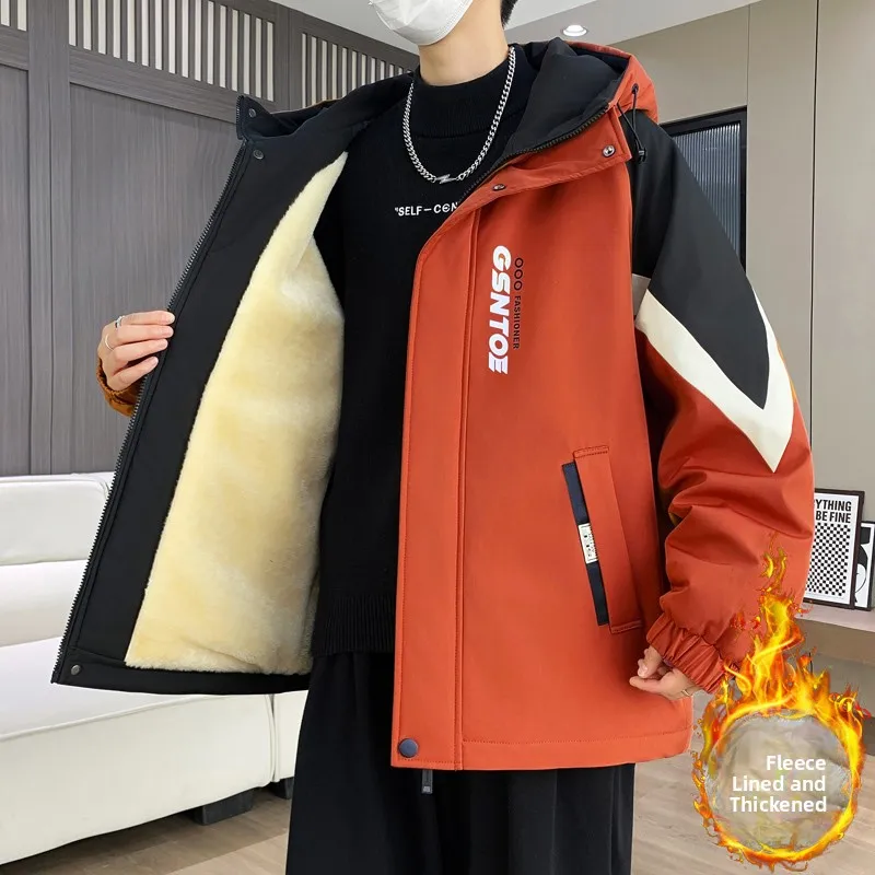 

Men's Winter Thiened Fce Lined Casual Hooded Jaet Outdoor Warm Windproof Polyester Fiber Long Sve Zipper Closure Coat
