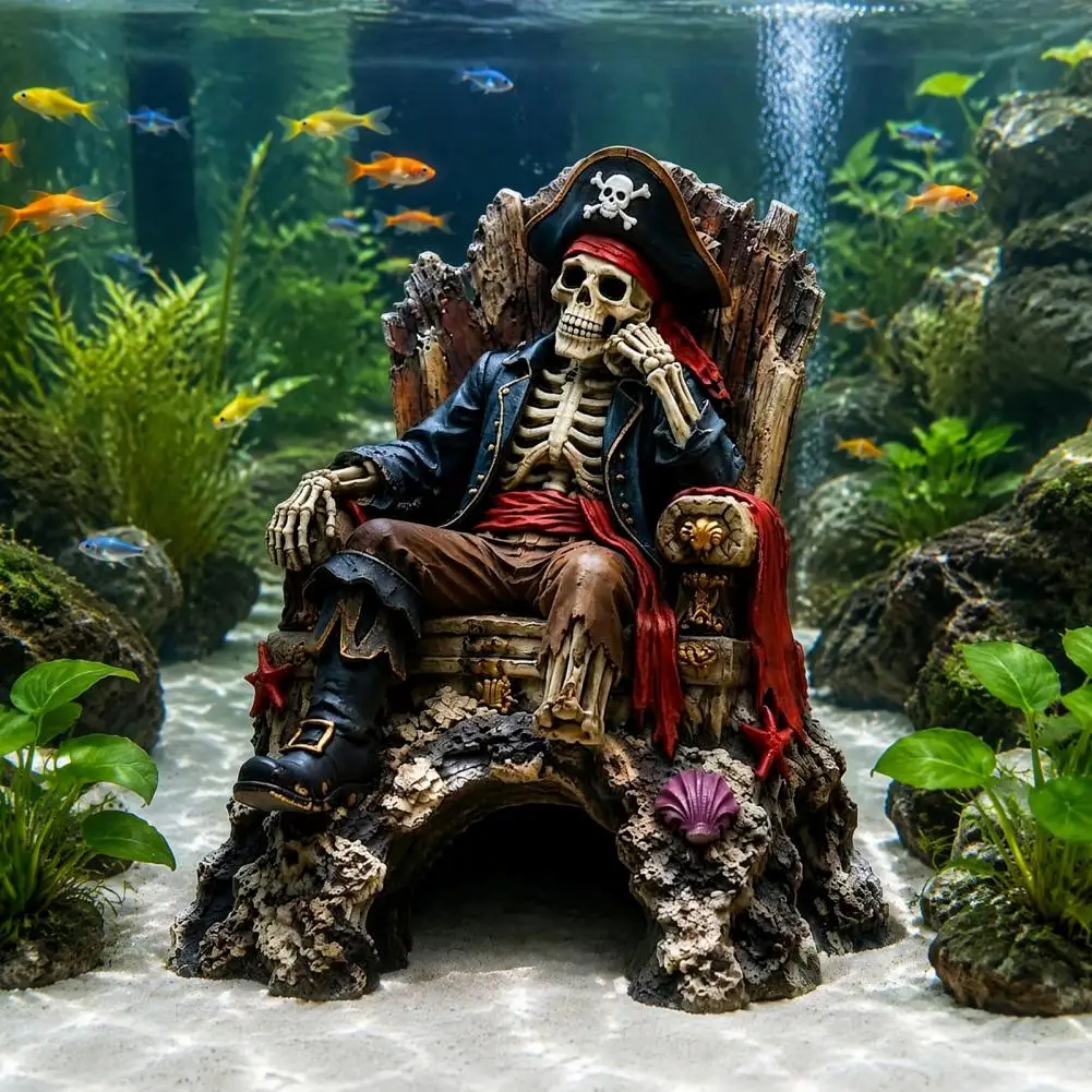 Aquarium Pirate Skull Decorations Freshwater Tank Landscape Pirate Skeleton Throne Aquarium Ornament Resin Fish for Freshwater