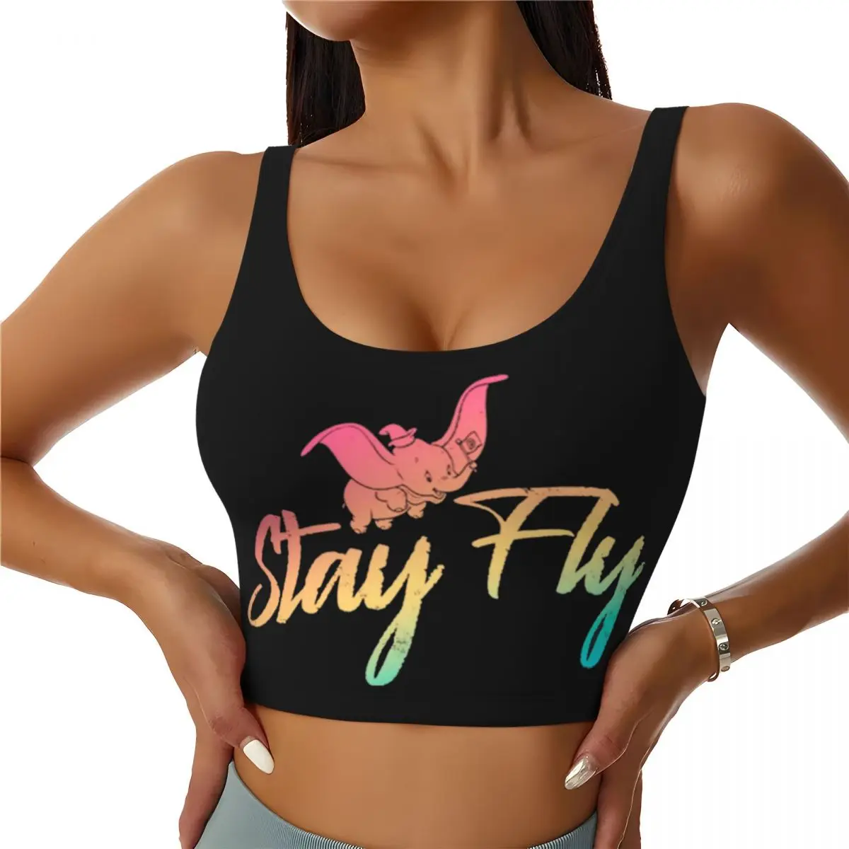 Custom Women's Dumbo Stay Fly Rainbow Sports Bras High Impact Gym Workout Running Crop Tank Tops