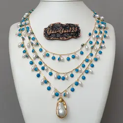 3 Strands 19'' Freshwater White Rice Pearl Blue Enamel Chain Necklace Keshi Pendant