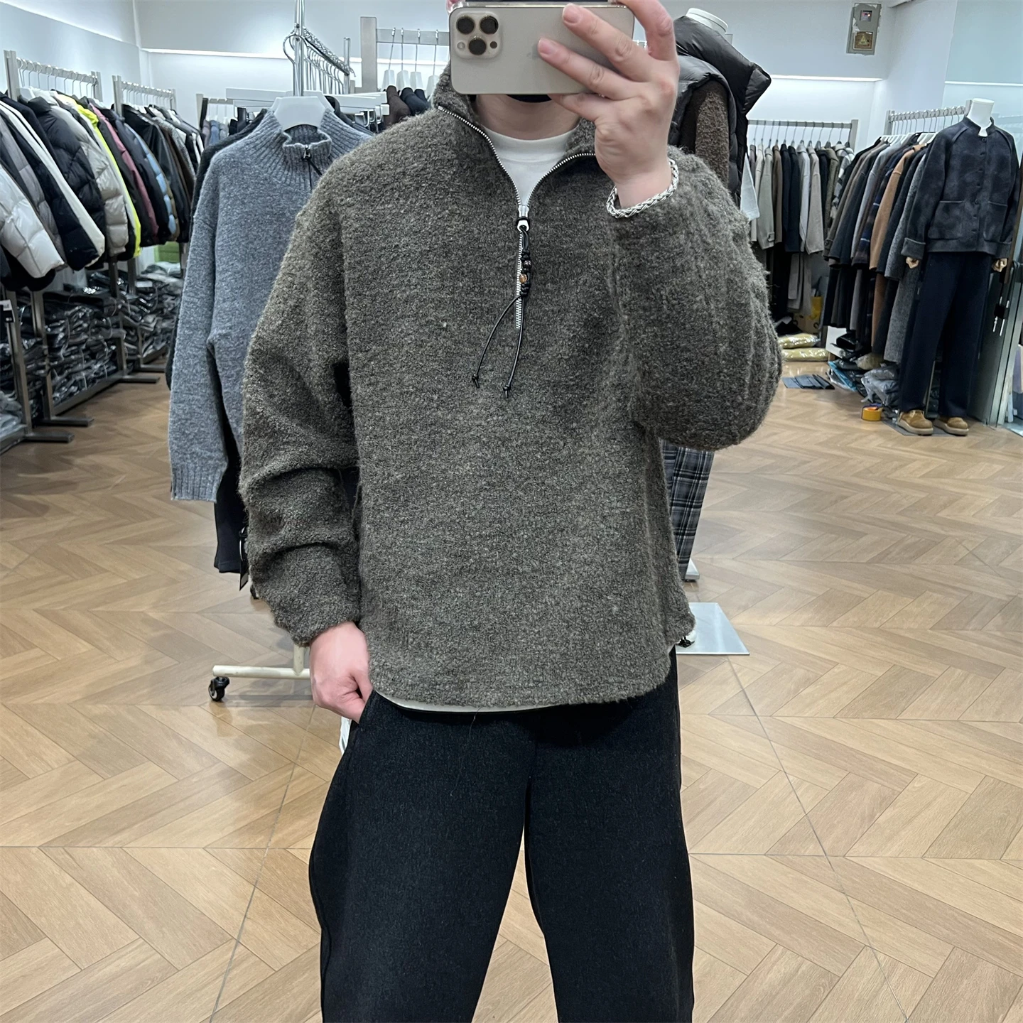 

Мужская винтажная шерстяная толстовка с капюшоном из тяжелой шерсти, свитер с воротником-стойкой на молнии, удобная куртка из овечьего меха