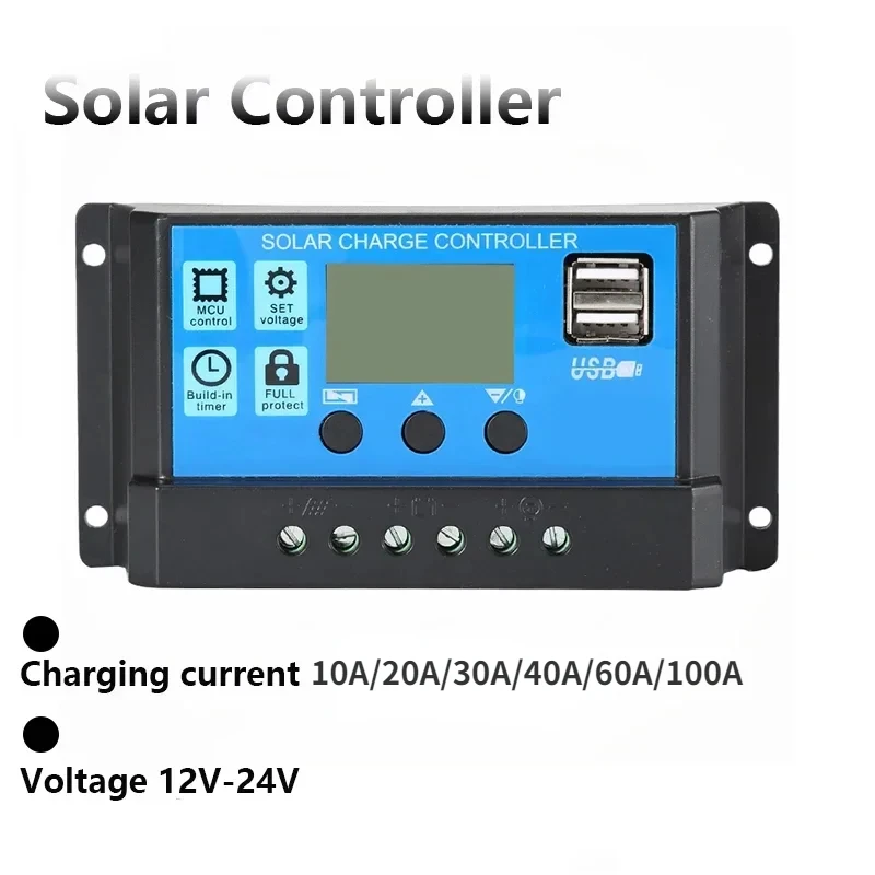 Solar Charge Controller 10A/20A/30A/40A/60A/100A 12V/24V  Solar Panel Photovoltaic with PWM Solar Charger LCD Display Dual USB