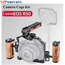 Powerwin Camera Cage For Canon EOS R50 with wooden Handle Kit Aluminum Alloy Multifunctional Arri Locating Screw