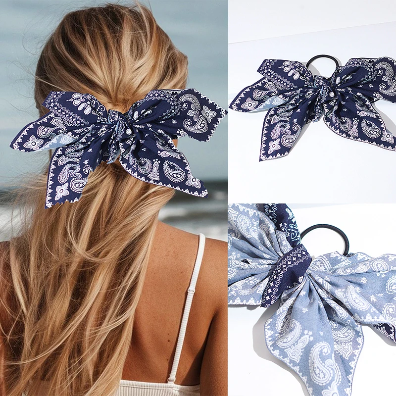

1Pcs Boho Paisley Print Large Bow Scrunchies Fashion Beach Hair Bow Tie Elastic Hair Band Women Headdress Accessories