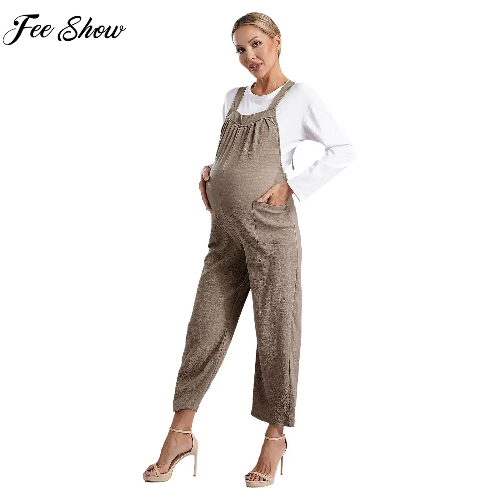 

Pregnant Women Summer Casual Overalls Pants Sleeveless Square Neck Wide Leg Loose Jumpsuit Daily Office Street Home Clothing