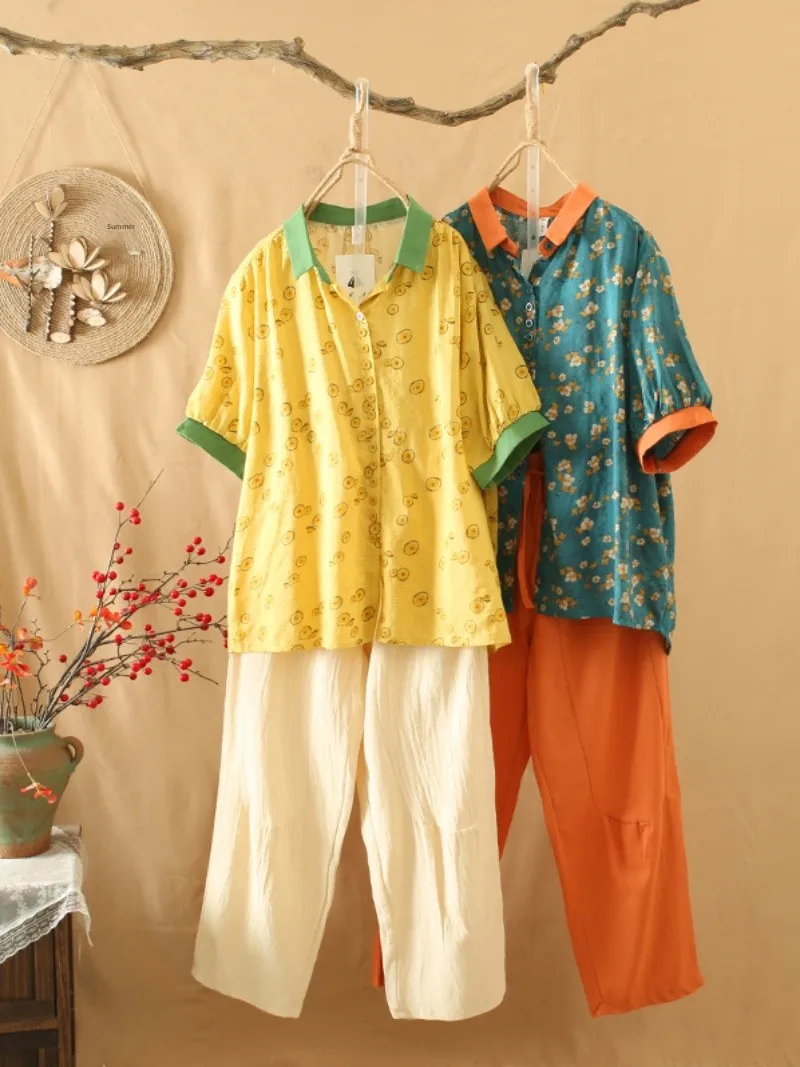 

Хлопково-льняные брюки с цветочным принтом ort Sve irt And Nine Points Harlan Pants, женские повседневные модные комплекты большого размера из двух предметов