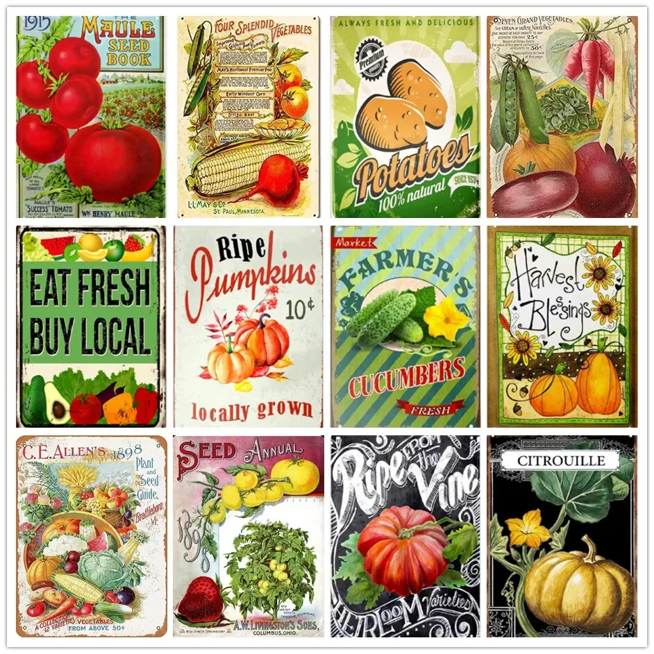 Letrero de hojalata de Metal de granja Vintage, tarjetas de pared de cocina de frutas y verduras Retro anuales, semillas de tomate y fresa, decoración del hogar