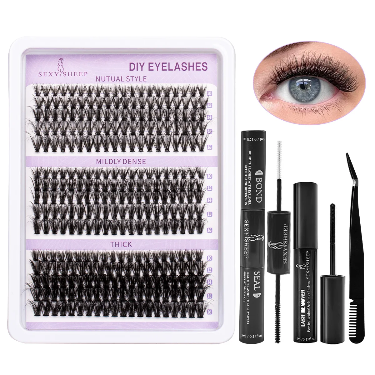 ISEEN DIY Wimpernverlängerungsset, 300 Stück, Wimperncluster, individuelles Wimpern-Set mit Wimpernbindung und Dichtung und Wimpernpinzette, Wimpernentferner