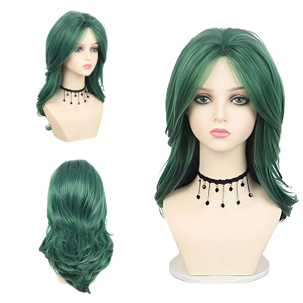 Dark Green Long Layered Wavy Wig For Women Natural Heat Resistant Synthetic Wig Middle Part Cosplay Halloween Daily Party Wear