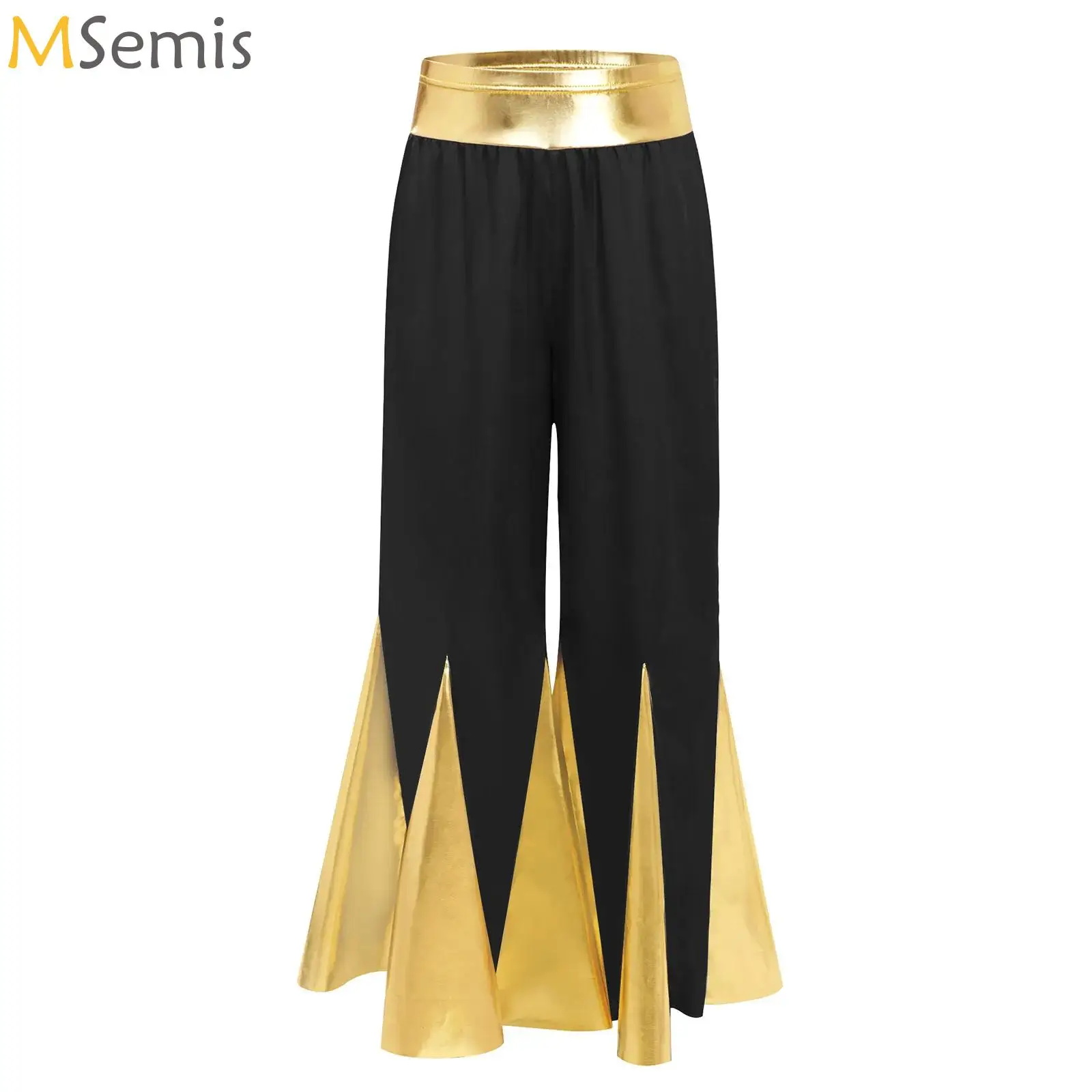 

Classical Dance Metallic Pants Wide Leg Pants Color Block Bell-Bottomed Pants for Kids Girls Modern Dance Training Yoga Pants