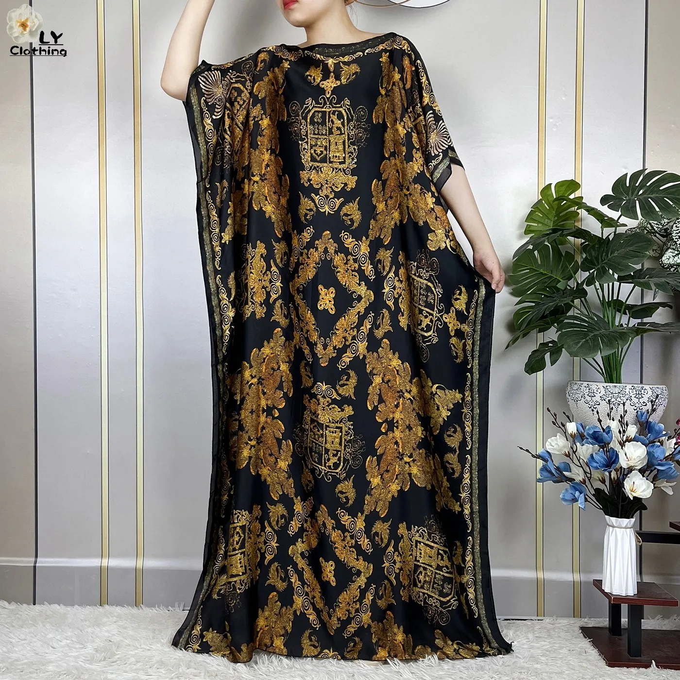 2023 New Style Silk African Abaya Women Clothing Dubai Dashiki Kaftan Pattern Print Design Loose Lady Soft Dress With Scarf