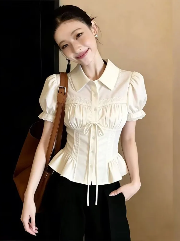 Shirts Women Turn Down Collar Summer Fashion Elegant Vintage Bandage Lace Patchwork Crop Tops Female Casual Blouse