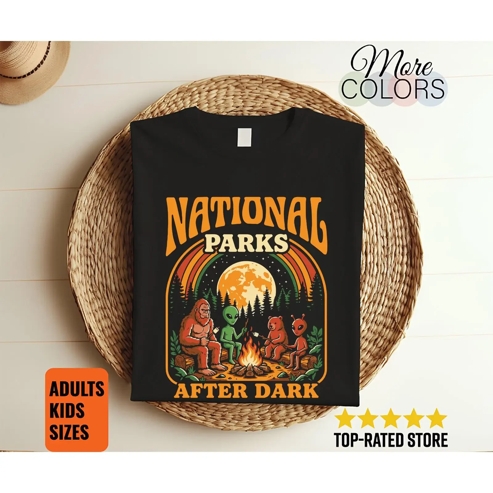 National Parks After Dark Bigfoot Alien Bear Camping T Shirt vintage Washed streetwear Unisex fashion Versatile Breathable