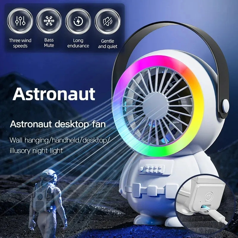 

Astronaut Fan Colorful Atmosphere Light USB Charging Mini Portable Silent Handheld Fan 3 Wind Speed Home Desktop Electric Fan