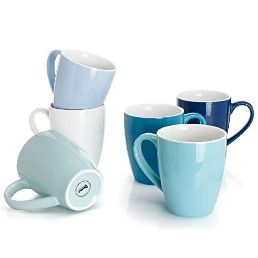 

Porcelain Coffee Mugs - 16 oz - Set of 6 Cups for Latte Hot Tea Cappuccino Mocha Cocoa Blue Assorted Colors