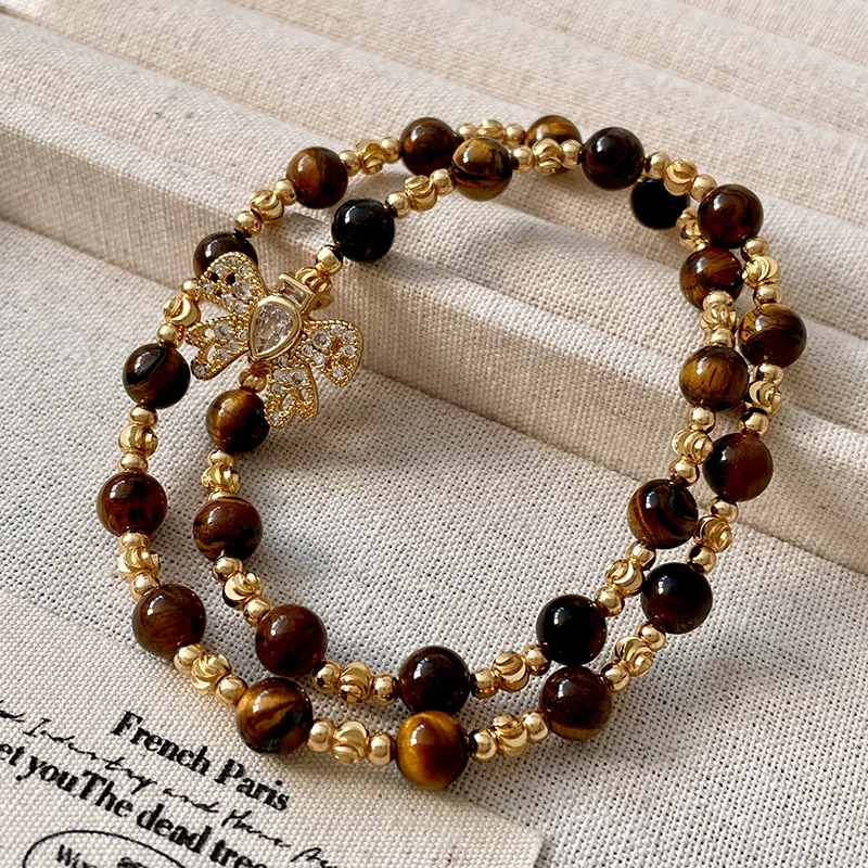 Mirad Tiger Eye Stone Necklace Niche Bow Zircon Neck Chain Bead Necklace Collarbone Chain Accessory